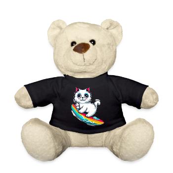 Weiße Katze auf buntem Surfboard - Teddy - Schwarz - Vorne