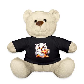 Funny Snowy Owl with Pizza Cartoon - Teddy Bear - black - Front