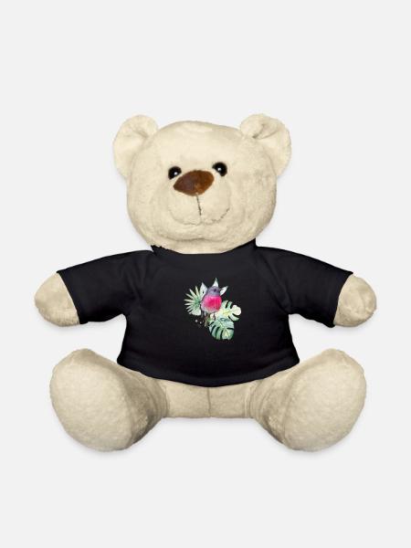 Aquarellrosa Rotkehlchen mit tropischen Blättern - Teddy - Schwarz