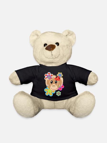 Retro Monkey Summer Flowers Kids Vintage - Teddy Bear - black