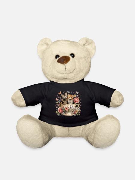 Kittens in a Cup of Tea Vintage Flowers - Teddy Bear - black