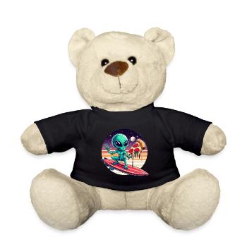 80er/90er Alien Surfer mit Pizza und Rakete - Teddy - Schwarz - Vorne