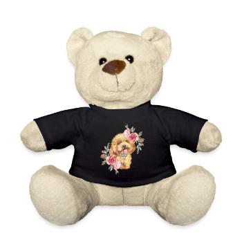 Süßer Labradoodle Welpe Hund mit Blumen Aquarell - Teddy - Schwarz - Vorne