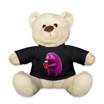 Igel Neon Pink Magenta mit Bier - Teddy - Schwarz - Vorne