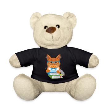 Smart ginger cat with books and funny mouse - Teddy Bear - black - Front