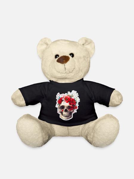 Totenkopf mit roten Blumen - Teddy - Schwarz