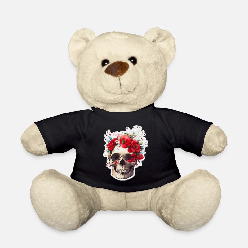Totenkopf mit roten Blumen - Teddy - Schwarz