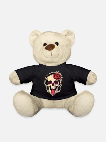 01 Lustiger Totenkopf lacht Zunge Kopfhörer Rose - Teddy - Schwarz