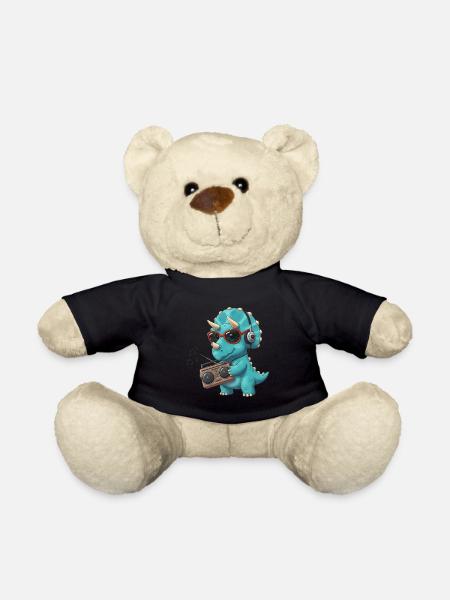 Dino Cartoon Triceratops Listening to Music - Teddy Bear - black