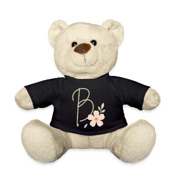B Floral: Initial with Coral Flower - Teddy Bear - black - Front