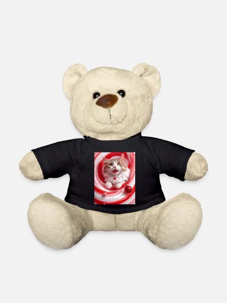 Weihnachtskatze im roten Pfefferminzwirbel - Teddy - Schwarz