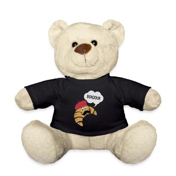 Bonjour Croissant With Mustache And Beret Hat Pun - Teddy Bear - black - Front