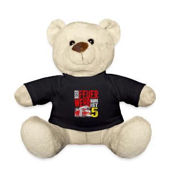 Kinder Feuerwehr T-Shirt 5. Geburtstag Junge 5 - Teddy - Schwarz - Vorne