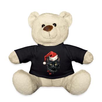 Schwarze Katze mit Weihnachtsmütze, T-Shirt, Tasse - Teddy - Schwarz - Vorne