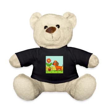 Teckel curieux reniflant la fleur dans le jardin - Nounours - noir - Devant