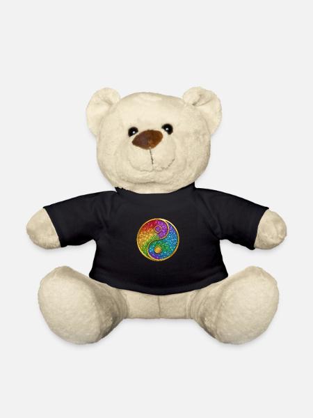 Regenbogen Yin Yang Symbol Glitzer Gold Pailletten - Teddy - Schwarz