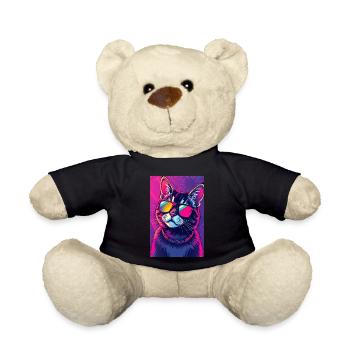 Vaporwave Katze Pink Blau Synthwave Futuristisch - Teddy - Schwarz - Vorne