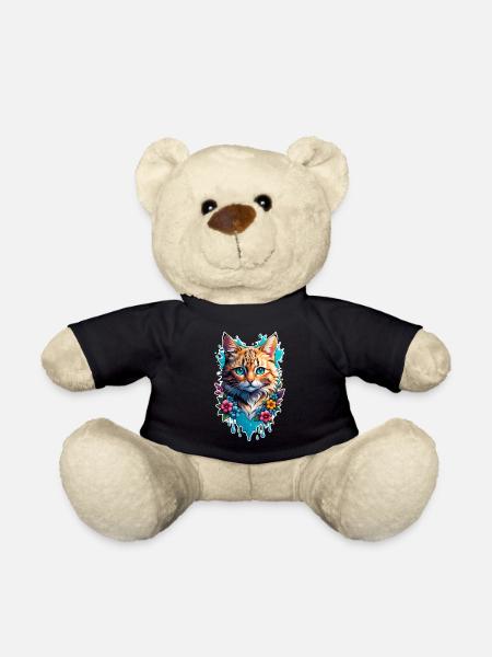 Katze und Blume Aquarell - Teddy - Schwarz