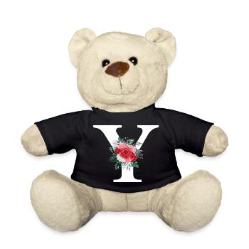 Red Floral Y Letter - Teddy Bear - black - Front