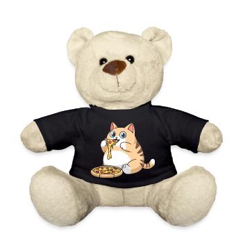 Cute Chubby Cat Eating Pizza - Teddy Bear - black - Front