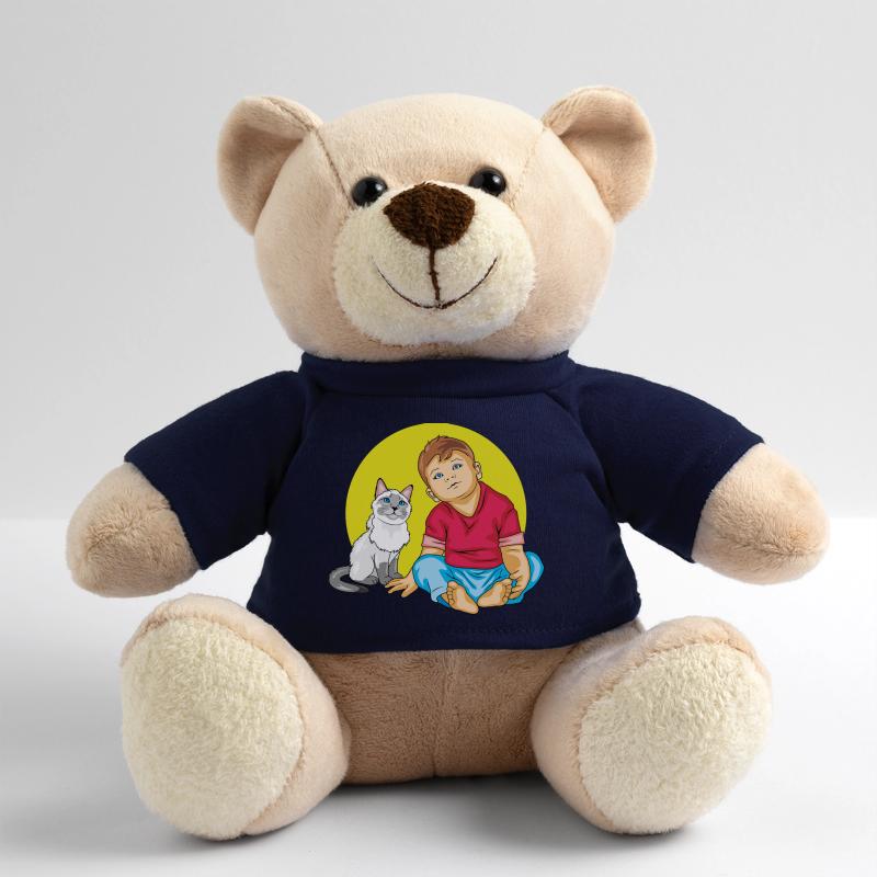 Junge spricht mit einer Siamkatze Teddy