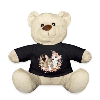 Cute bunnies family - united in a wreath of flowers - Teddy Bear - black - Front