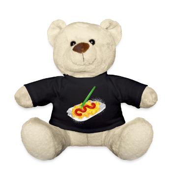 French fries with ketchup in a cardboard bowl and fork - Teddy Bear - black - Front