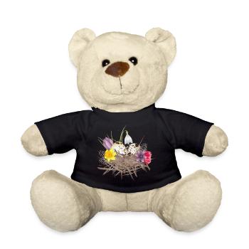 Nid de printemps avec des œufs, des plumes et des fleurs de printemps - Nounours - noir - Devant