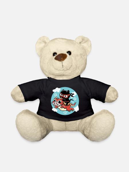 Kawaii Chat ninja chevauchant un dragon rouge - Nounours - noir