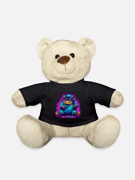 fat gamer japanese cat with Controll Syntwave - Teddy Bear - black