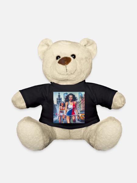 Two girls cycling in retro Warsaw - 80s style - Teddy Bear - black