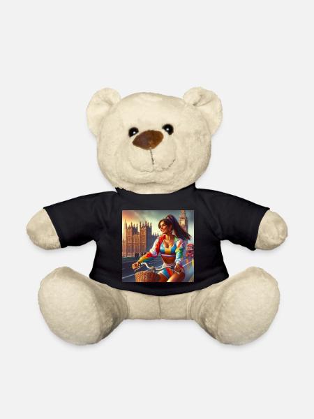 Vintage Girl on a Bicycle by Big Ben in London - Teddy Bear - black