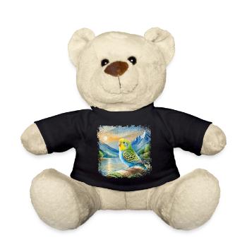 junger Wellensittich im Kinderbuchstil, Aquarell - Teddy - Schwarz - Vorne