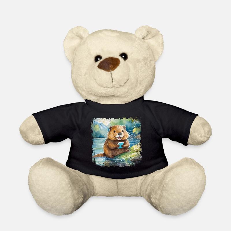 Mignon jeune castor avec téléphone portable - Nounours - noir