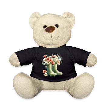 Garden motif: Two green rubber boots with flowers - Teddy Bear - black - Front
