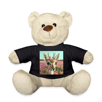 Deer with flower crown in spring meadow (AI-Art) - Teddy Bear - black - Front