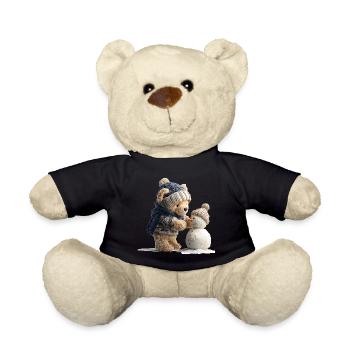 Teddy bear with hat and scarf builds snowman - Teddy Bear - black - Front