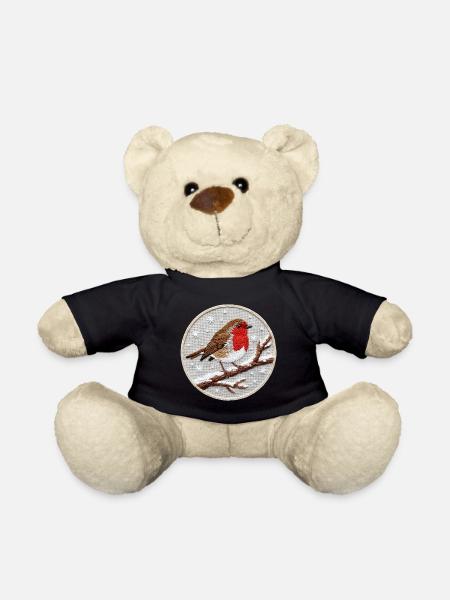 Robin brodé sur une brindille (imprimé) - Nounours - noir