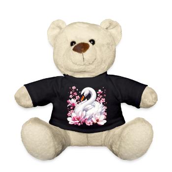 White Swan with Cherry Blossoms - Teddy Bear - black - Front