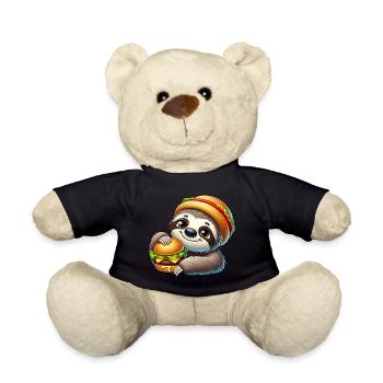 Sloth with Burger Cute Fast Food Cartoon - Teddy Bear - black - Front