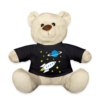 Spaceship, stars and planet with ring - Teddy Bear - black - Front