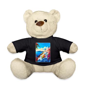 Santorini Griechenland Vintage Reiseplakat Souvenir - Teddy - Schwarz - Vorne
