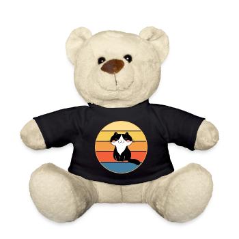 Funny Cute Kawaii Cat Face Retro Sunset - Teddy Bear - black - Front