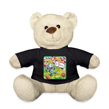 1 year 1. Birthday robot on flower meadow - Teddy Bear - black - Front