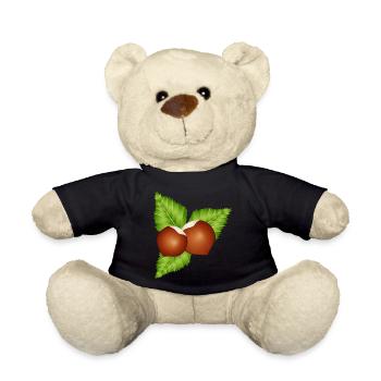 zwei leuchtend braune Haselnüsse mit Blätter - Teddy - Schwarz - Vorne