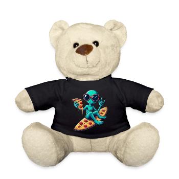 Alien alien surfer surfing pizza - Teddy Bear - black - Front