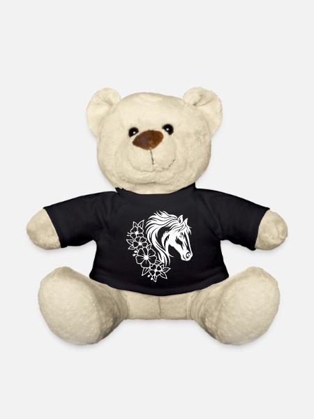 Elegant Horse and Floral Line Art Design - Teddy Bear - black