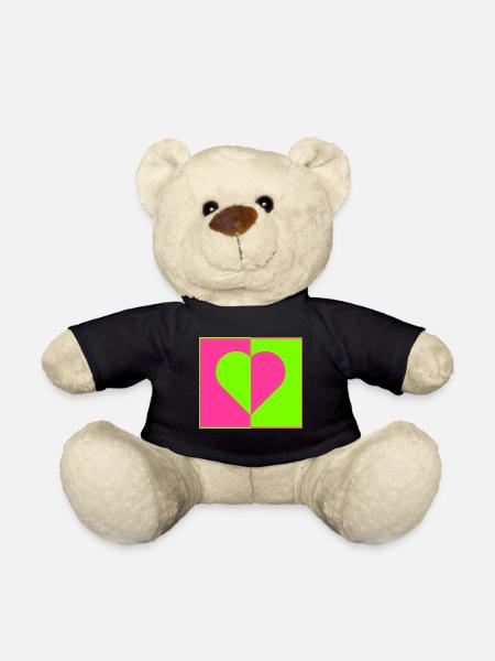 Herz Neon Pink Grün Ying Yang Liebe - Teddy - Schwarz