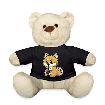 Anime Kawaii Bubble Tea Drinking Fox Hand Drawn - Teddy Bear - black - Front