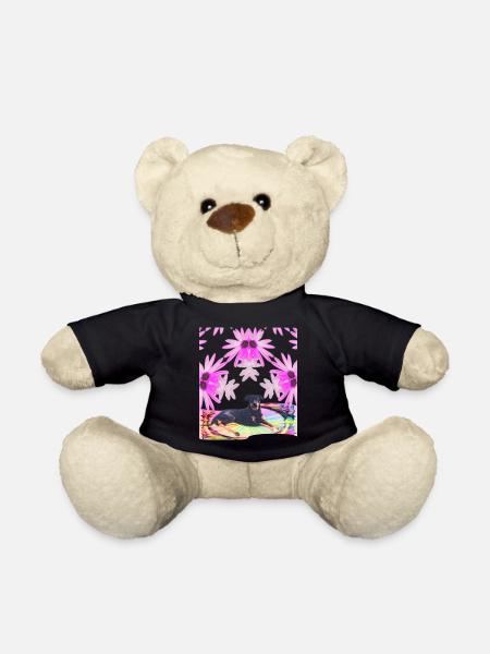 Male Lobo - surrounded by pink flowers in the rainbow - Teddy Bear - black